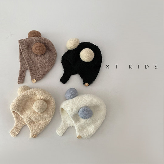 ins韩国洋气婴儿护耳帽秋冬季毛绒保暖小月龄宝宝撞色双球帽子冬