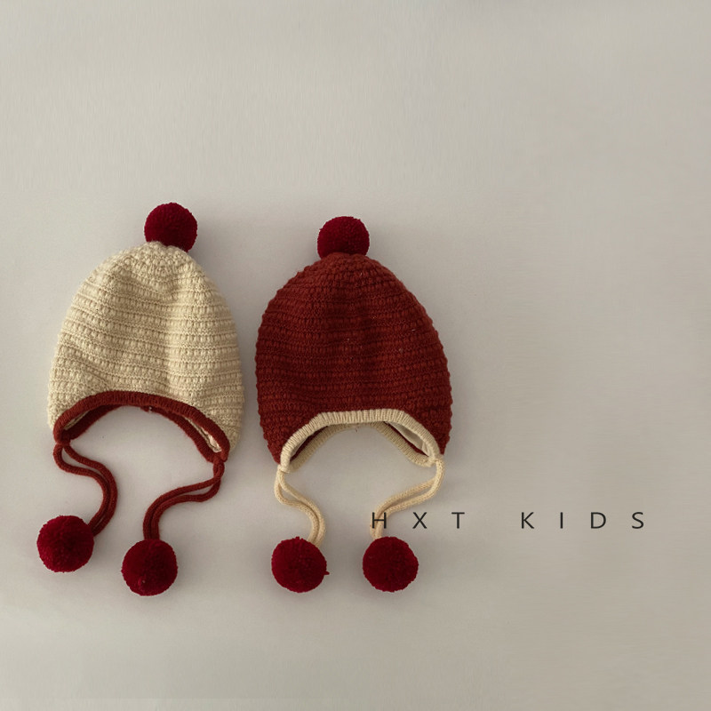 婴儿针织帽秋冬季洋气拼色包边双球系带帽子婴幼儿宝宝冬天护耳帽,淘宝优惠券,粉丝福利购,淘宝优惠卷