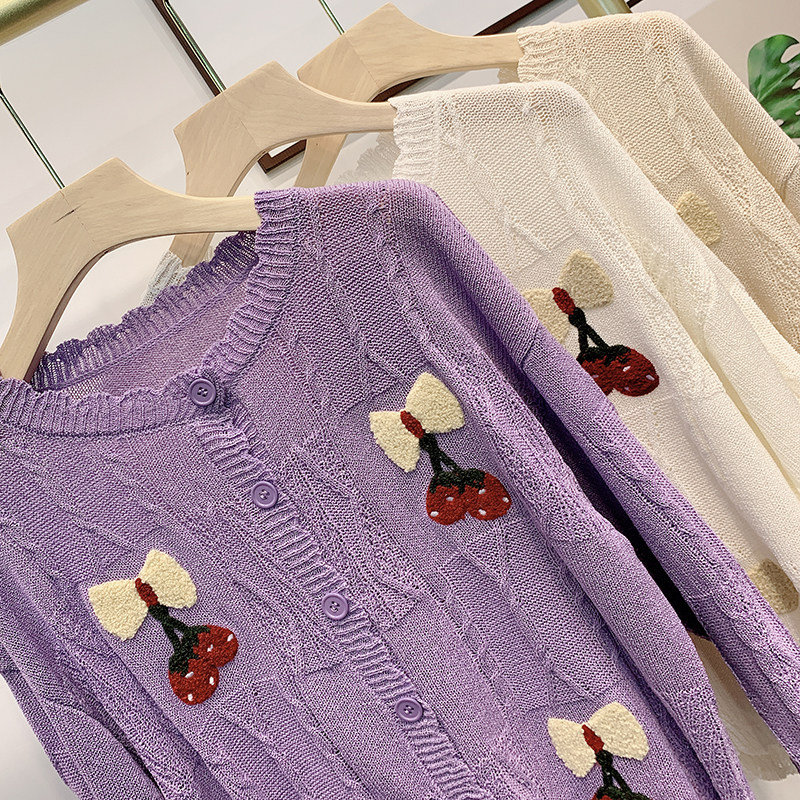 早秋新品花边v领长袖宽松薄款开衫 蝶览毛针织衫