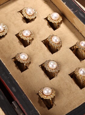 珍品珍藏旧藏收花丝工艺镶嵌天然珍珠戒指一盒