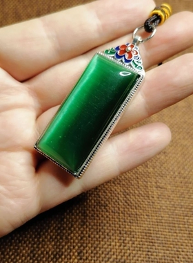 925银镶嵌猫眼石虎眼石长形吊坠项链毛衣链 帝王绿男女吊坠毛衣链