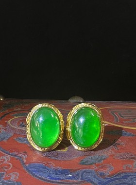 旧藏乡下收鎏镶嵌高冰阳绿翡翠戒指一盒品相保存完好