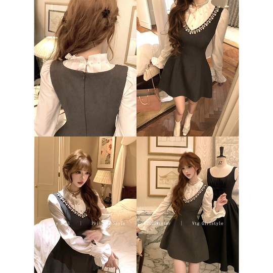 Lazy Didi曲线雕刻 手工钉珍珠A版连衣裙假两件泡泡袖高腰重工裙