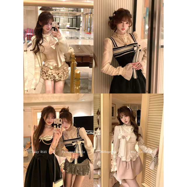 Lazy Didi Tuscany Heavy Industry Classic Fake Two-piece Collection Retro Puff Sleeve Palace Lace Shirt
