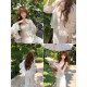 Lazy Didi ຕອນບ່າຍ Wind Chime Summer ຊຸດສາມຊິ້ນ 100 Cotton Embroidered Suspender Cardigan Trousers Gentle Lace