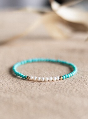 绿松石珍珠手串女士极细国风文玩手链米珠小众设计感单圈轻奢手饰