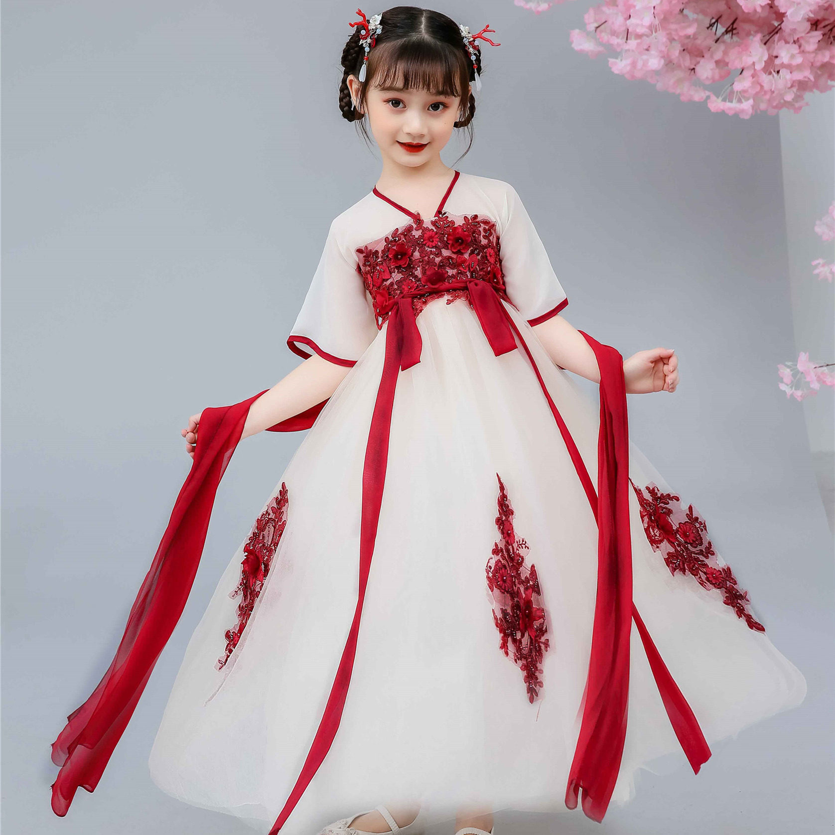 母女装洋气中国风女童古装樱花汉服 蝶颐亲子装/亲子时装