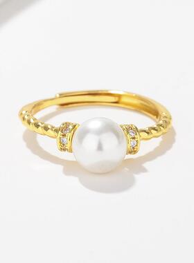 中古风麻花珍珠戒指镀米兰施华洛适用闺蜜世奇圆贝珠女小众气质环