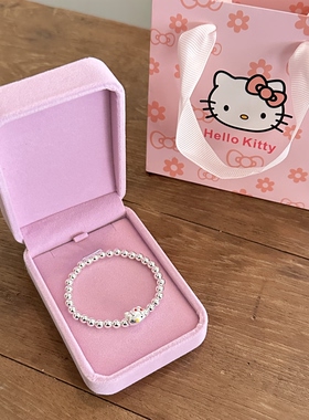 甜美风Kitty猫吊坠手链女999纯银圆珠手串闺蜜儿童生日礼物银饰品