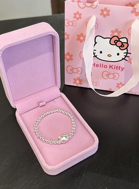 999纯银实心银珠Kitty猫手串儿童大人生日礼物送闺蜜百搭银饰手链