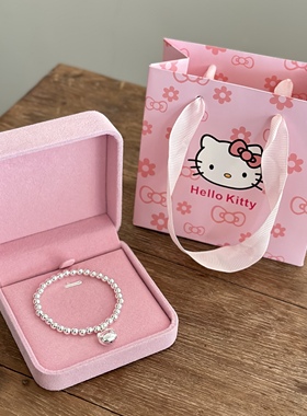 999纯银圆珠手链女可爱卡通Kitty猫吊坠手串宝宝儿童送人生日礼物