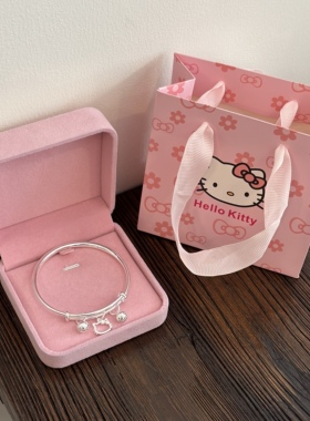 纯银999铃铛手镯女可爱甜妹风Kitty猫足银镯子学生送女友生日礼物