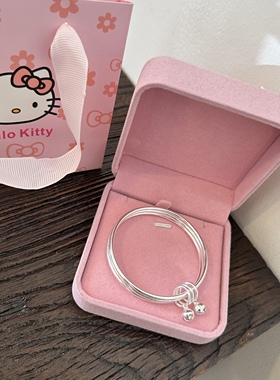 999足银三圈铃铛实心银手环女款多层叠戴闭口银镯子生日送礼优选