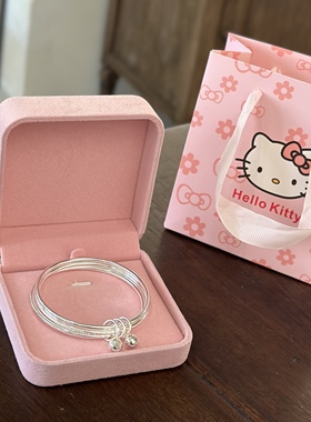 999足银手镯女三圈铃铛实心银手环多层叠戴纯银镯子送人生日礼物