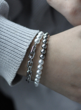 钛钢珍珠手链拼接设计O字链百搭时尚个性设计感