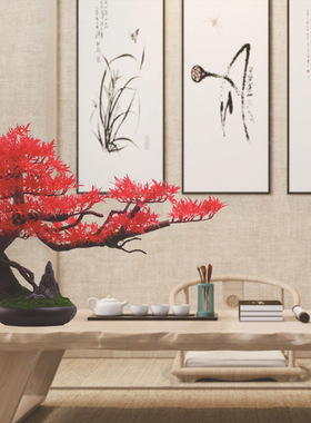 仿真红枫叶盆景客厅禅意办公室家居玄关新年招财喜庆红色招财摆件