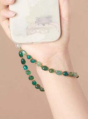 绿玛瑙手机壳挂绳白水晶吊坠手机链挂手腕绳挂件女高端精致文艺