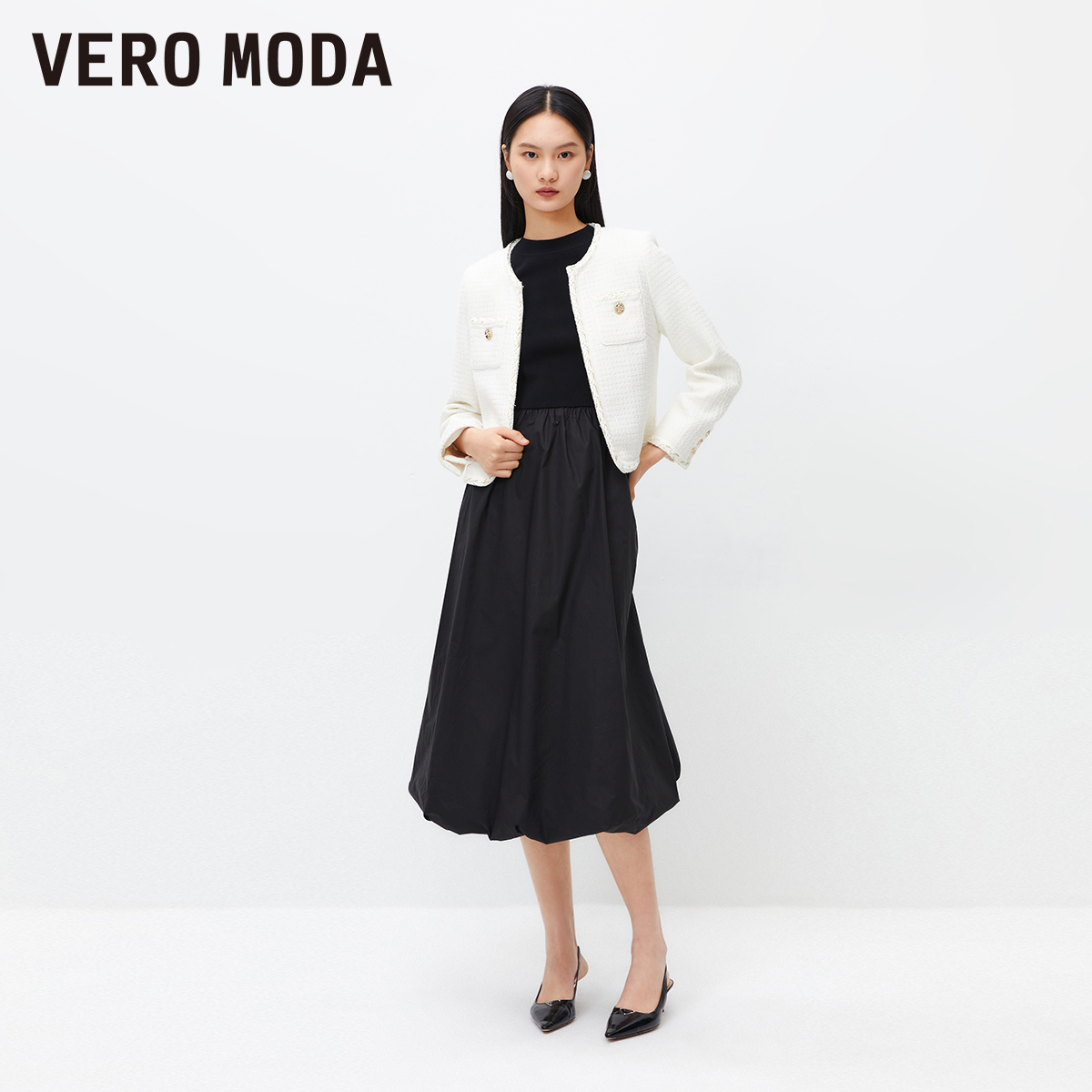 Vero Moda针织连衣裙2024春夏新款修身拼接A摆中袖花苞裙优雅气质