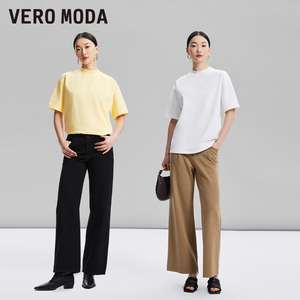 Vero ModaT恤女2024春夏新款半高领宽松落肩短袖简约纯色韩系通勤