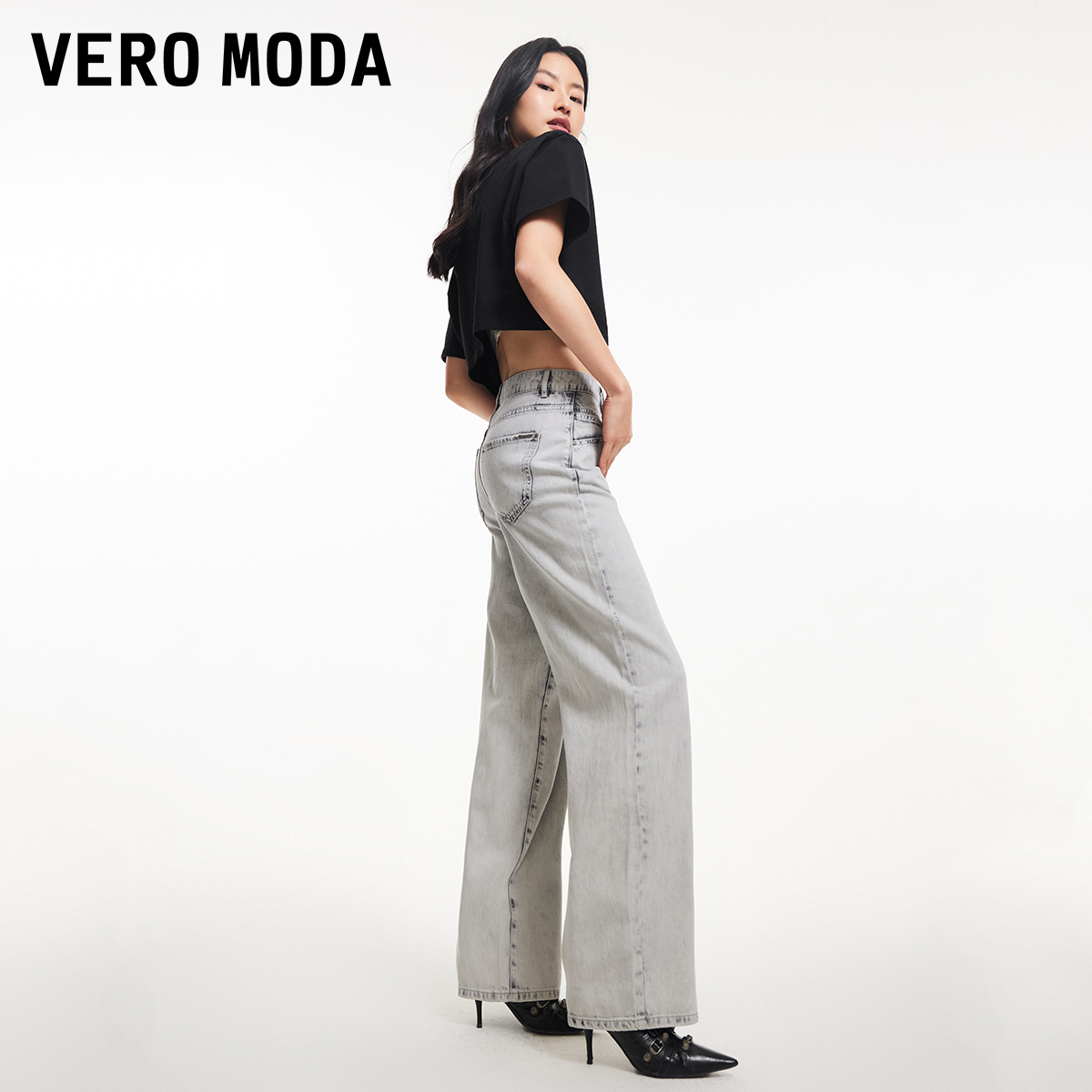 Vero Moda牛仔裤女2024春夏新款宽松高腰水洗阔腿裤休闲潮流 - 图1