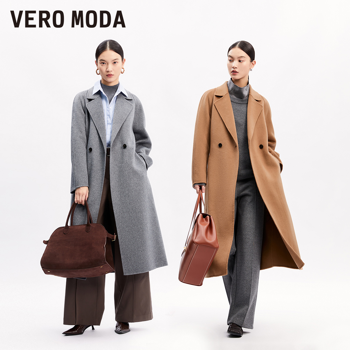 Vero Moda毛呢大衣女2023早秋新款外套翻领含绵羊毛宽松休闲简约