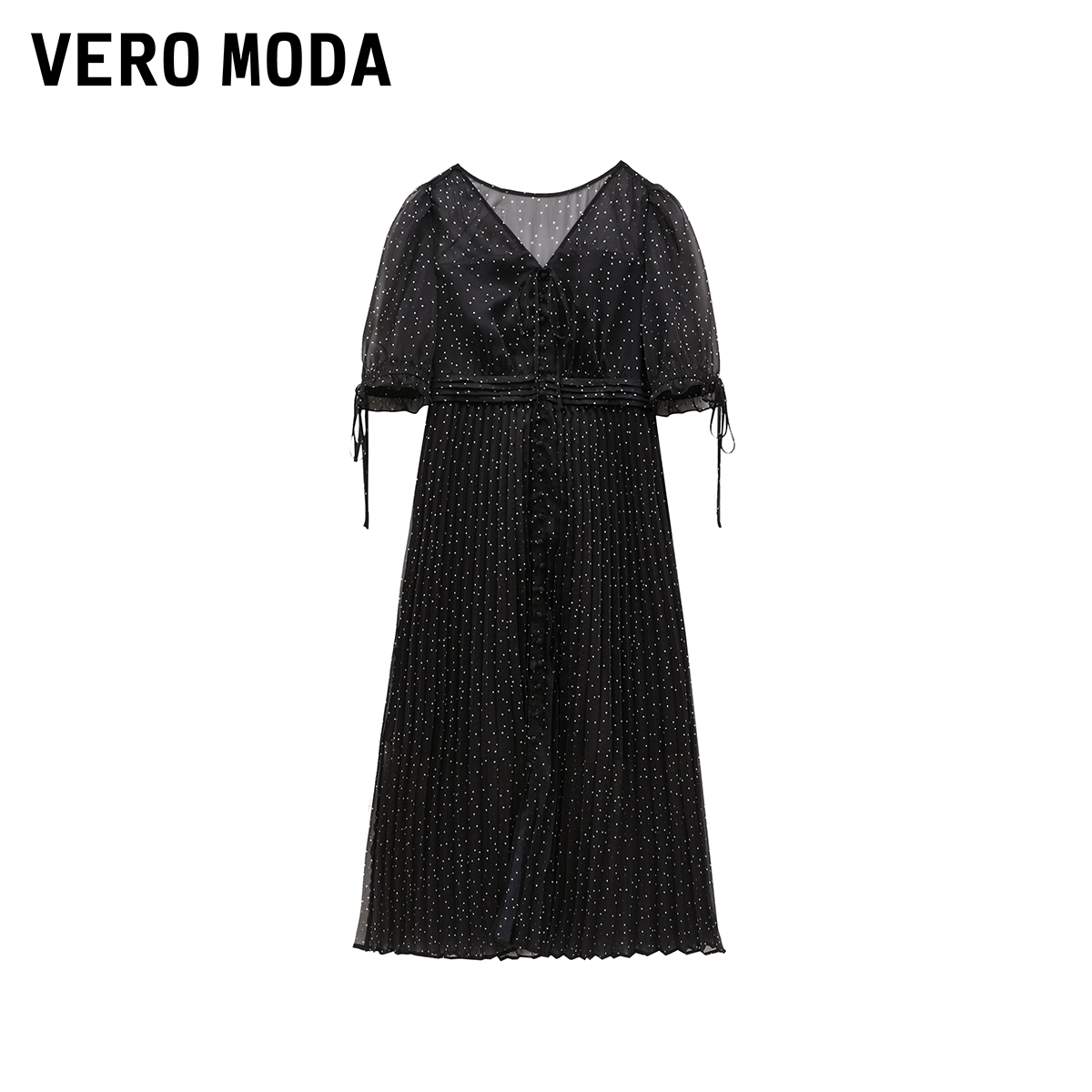 Vero Moda【轻盈裙】连衣裙2024春夏新款复古优雅小波点压褶系带-图3