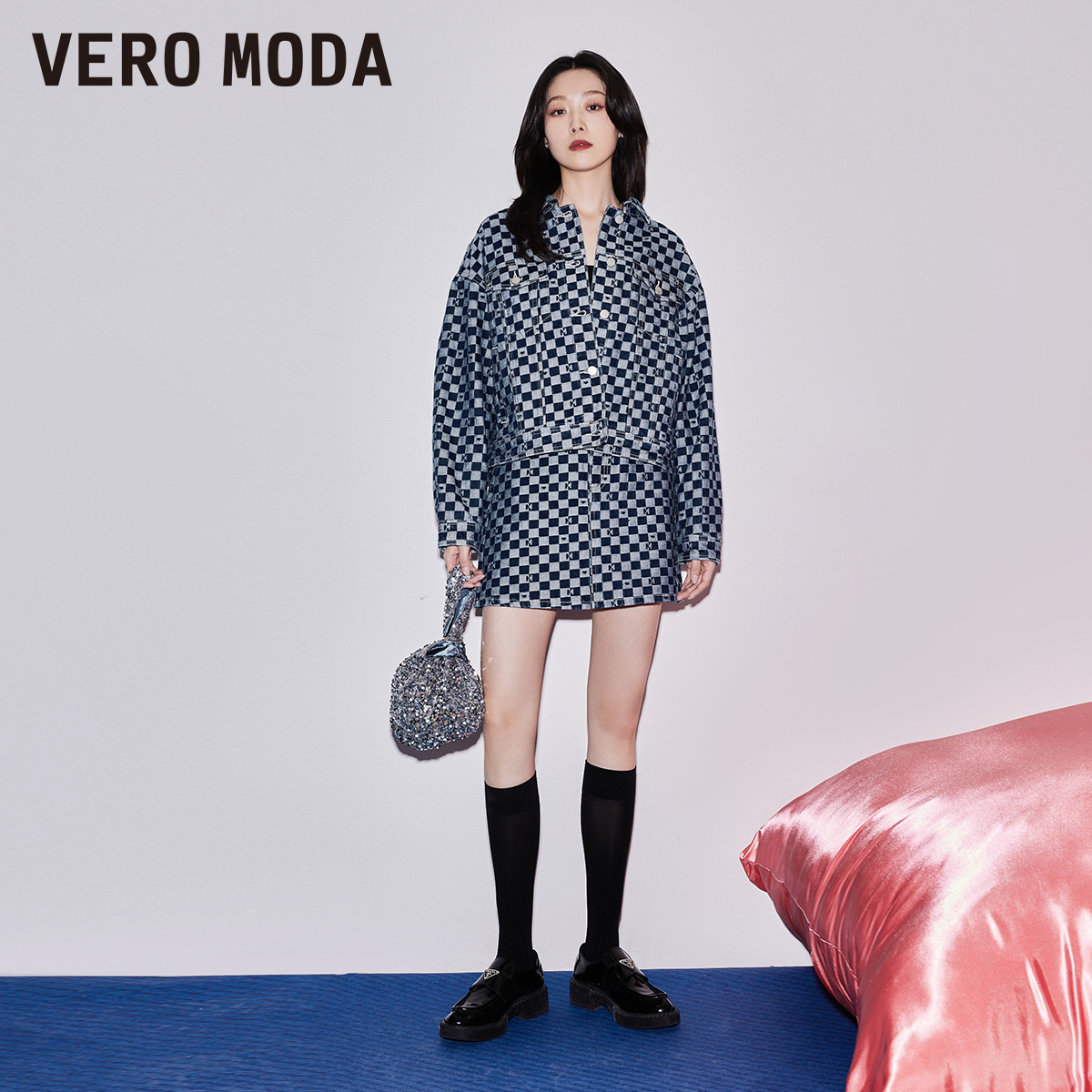 Vero Moda夹克外套套装女2023秋冬新款翻领长袖格纹纯棉牛仔▲