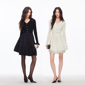 VeroModa连衣裙女26夏季新款V领拼接百褶A摆蓬蓬裙显瘦优雅短裙