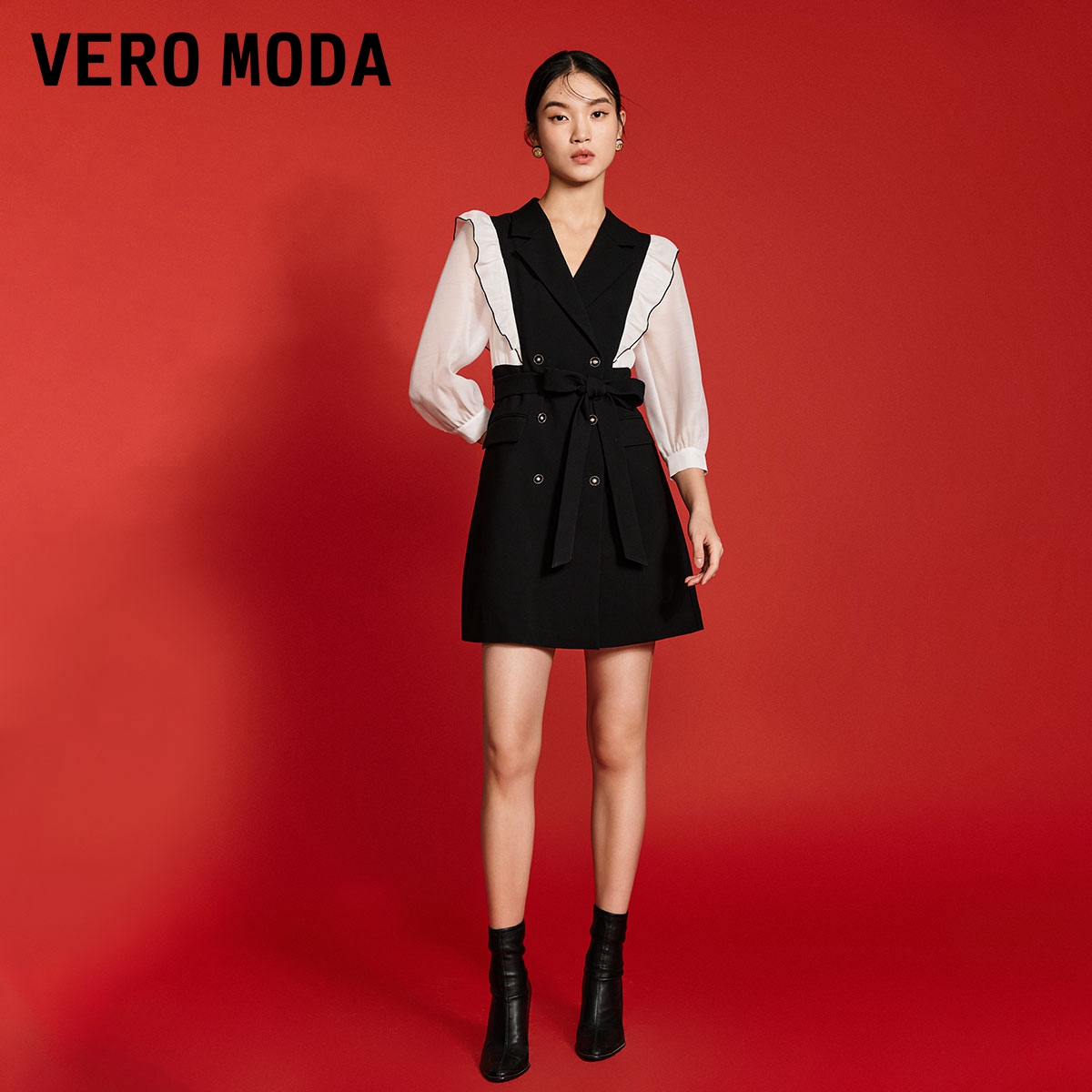 Vero Moda连衣裙2023秋季新款黑白撞色拼接荷叶边双排扣