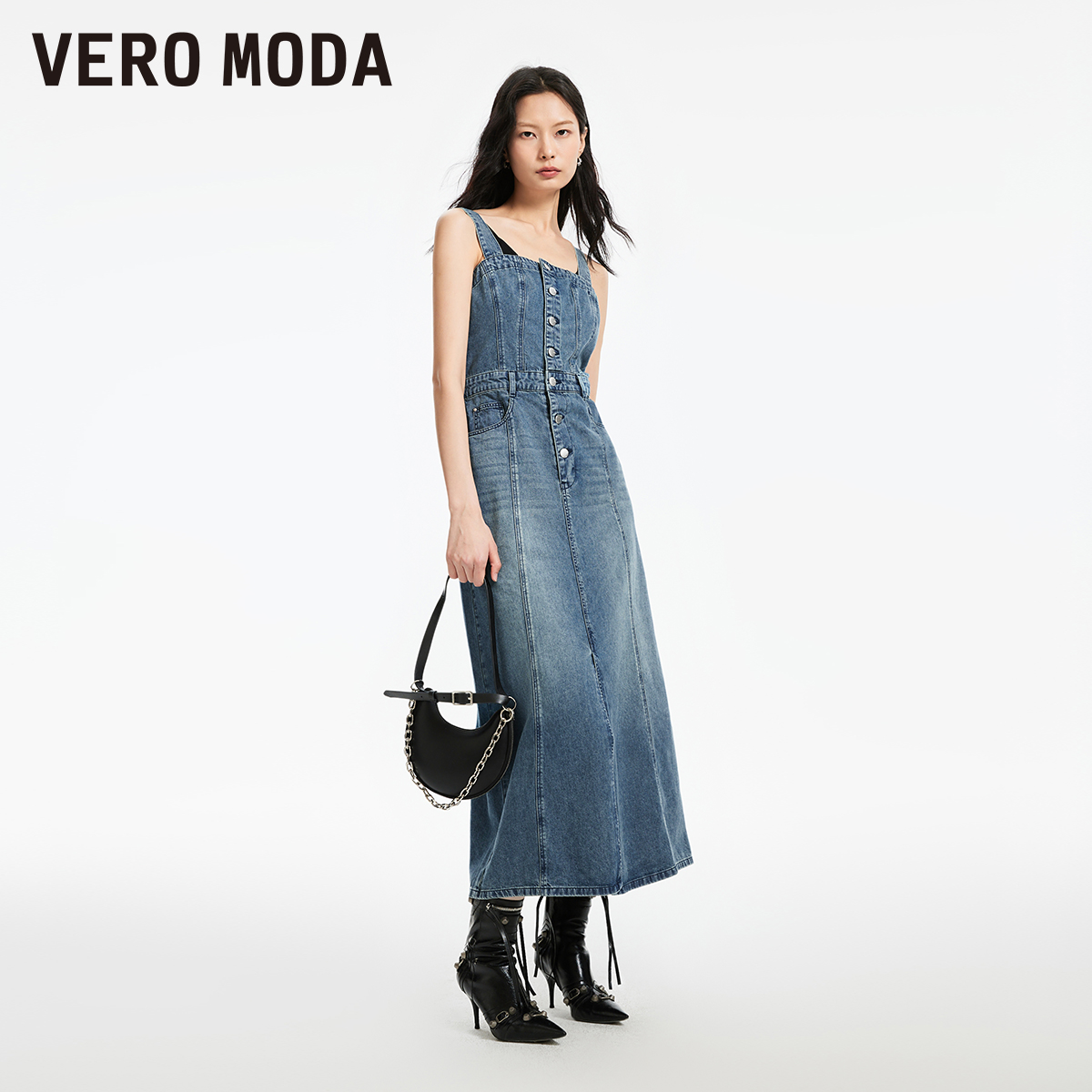 Vero Moda【魔法裙】连衣裙2024春夏新款舒适含棉背带牛仔连衣裙 - 图0