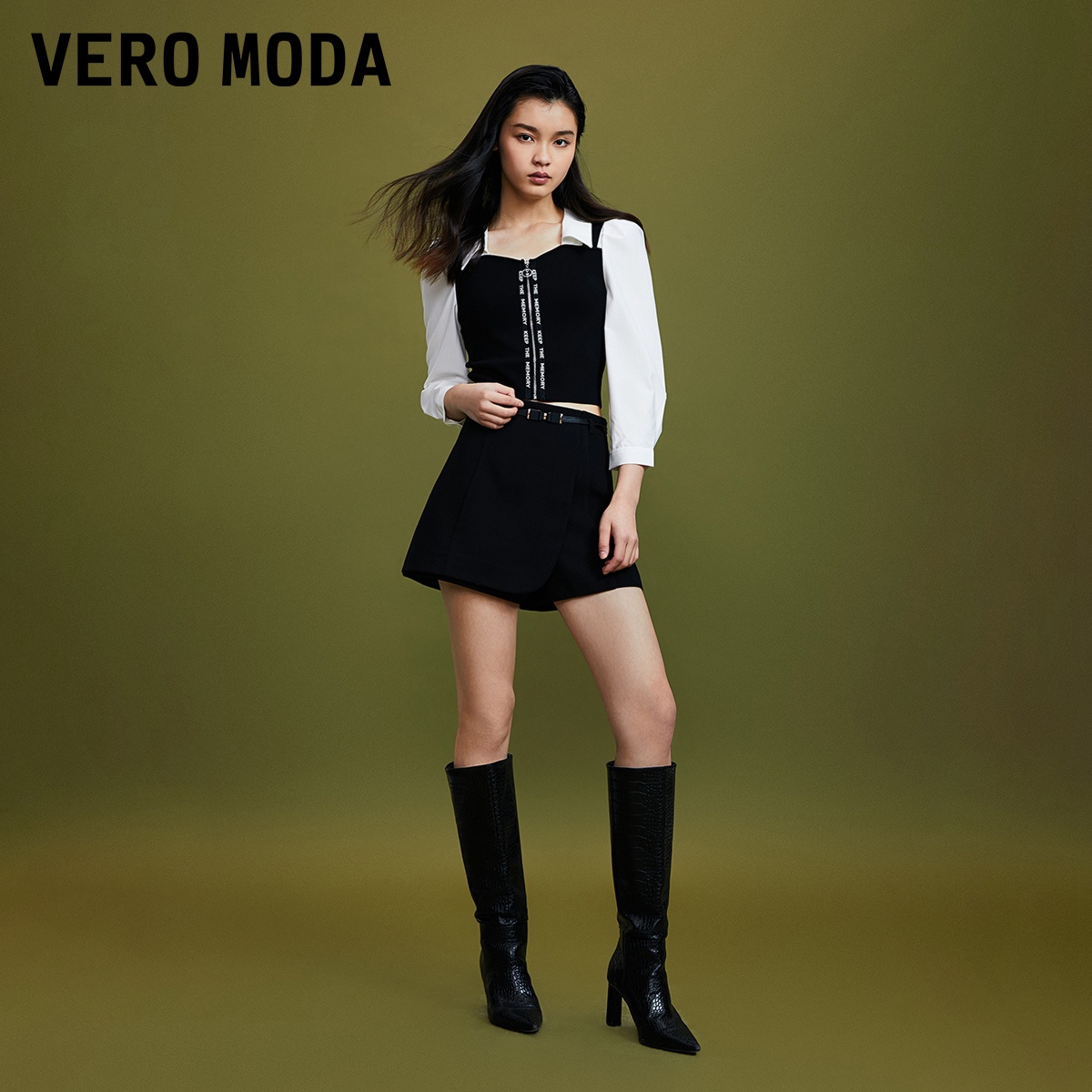 v区绫致Vero Moda短裤女2023秋冬裙裤中腰黑色简约通勤韩系直筒