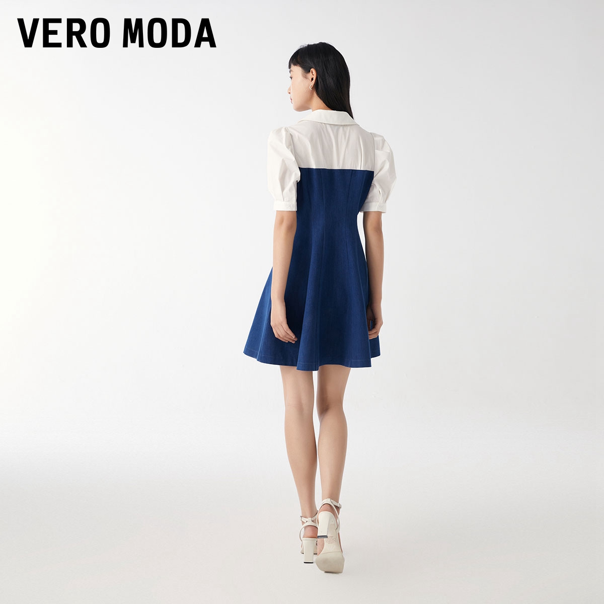 Vero Moda连衣裙2023秋冬新款牛仔拼接收腰短裙泡泡短袖V领甜美