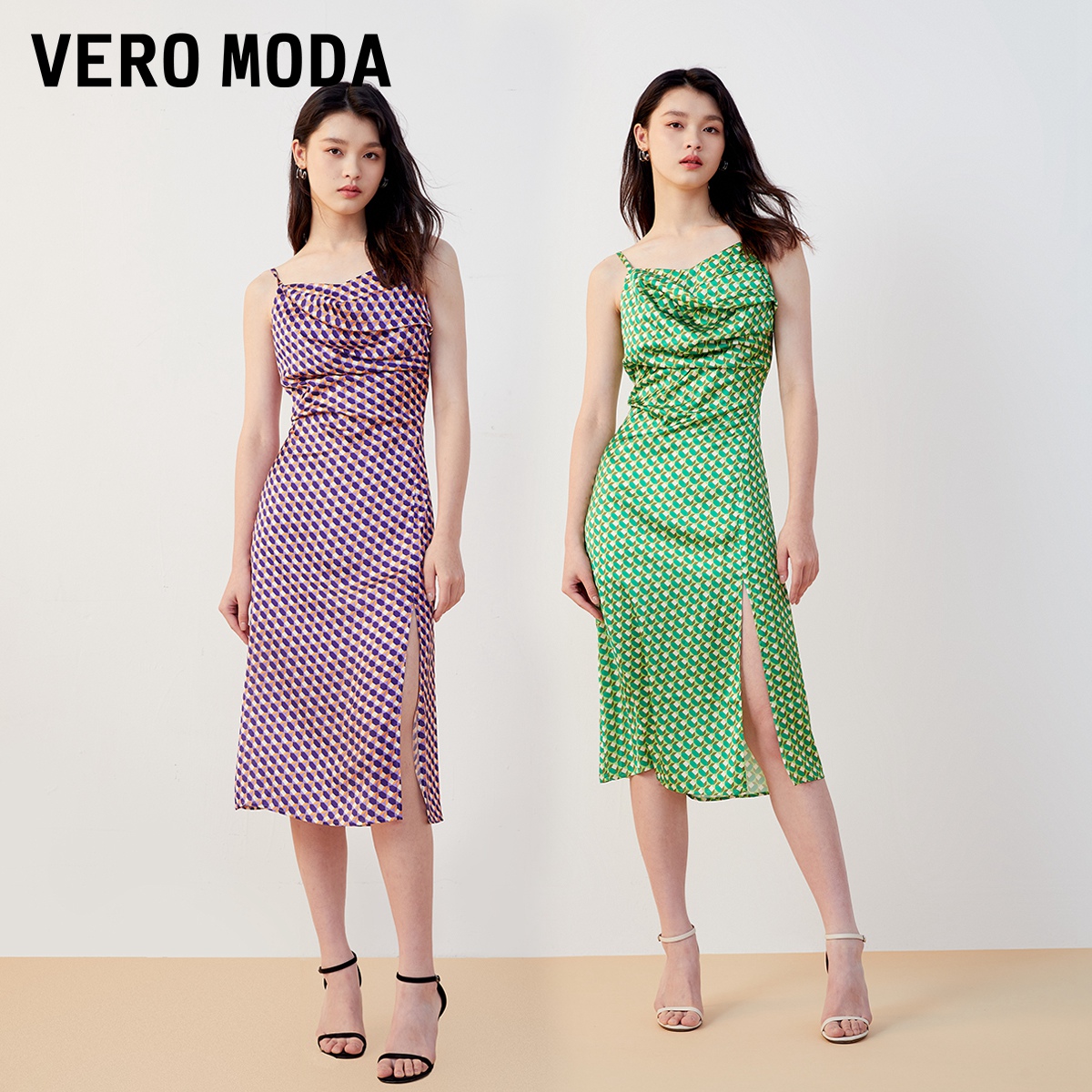 Vero Moda连衣裙2023秋冬新款优雅百搭唯美女人水墨画印花吊带裙