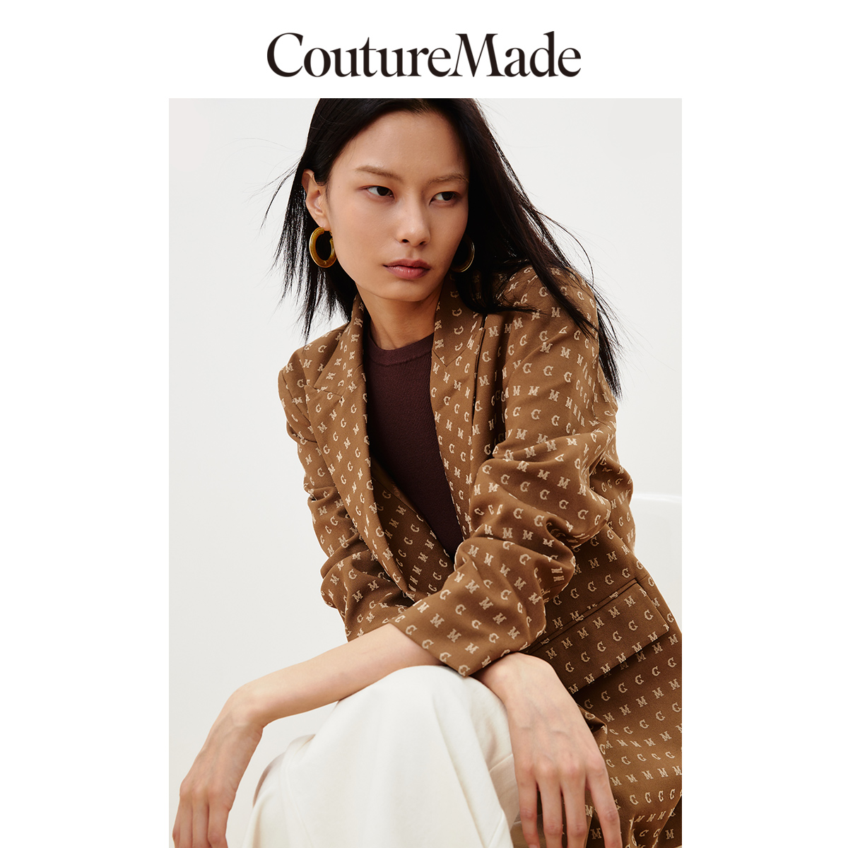 v区绫致Couture Made西装2023秋冬优雅气质字母logo九分袖外套女