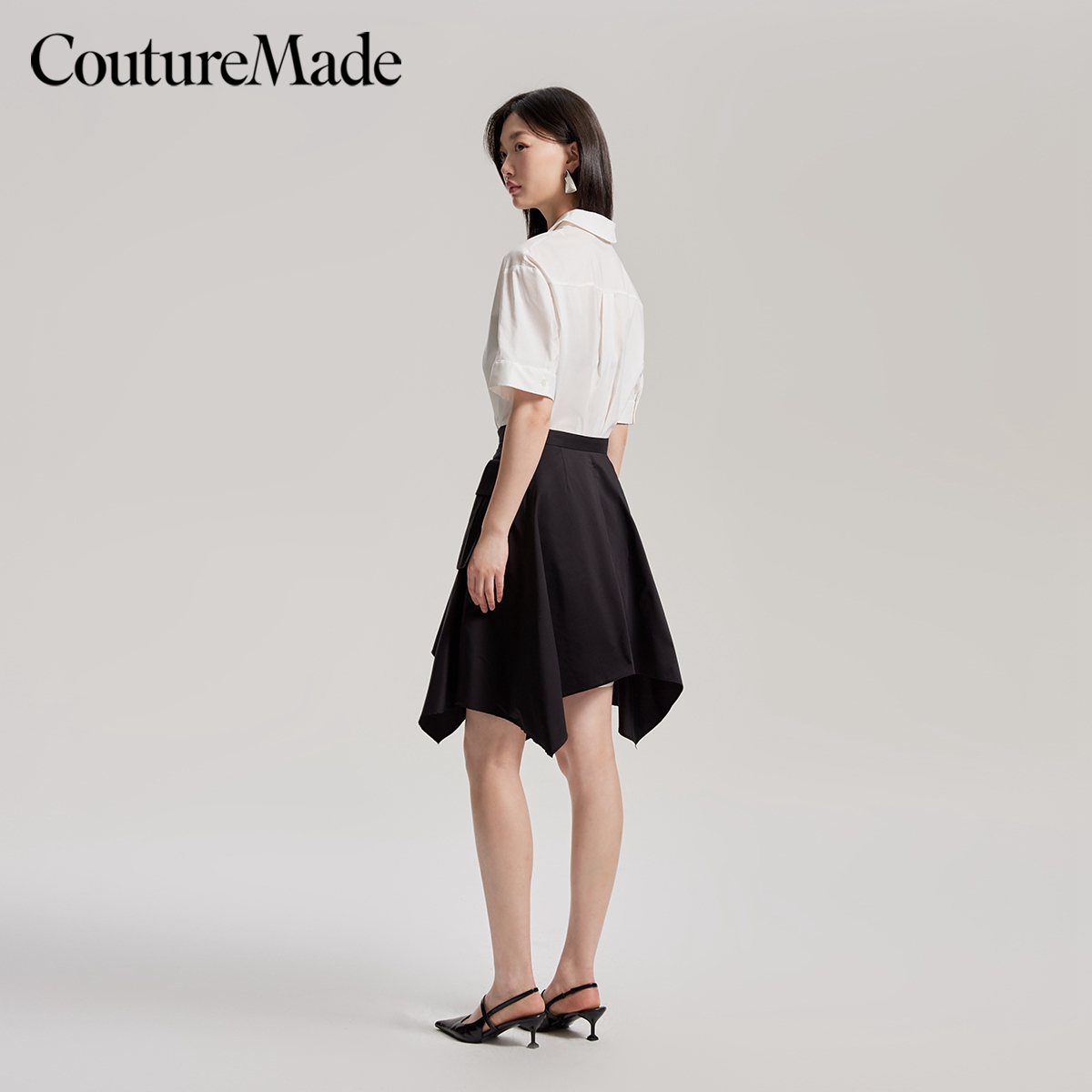 绫致Couture Made连衣裙女24春夏新款真两件V字衬衫领衬衫+半身裙 - 图1