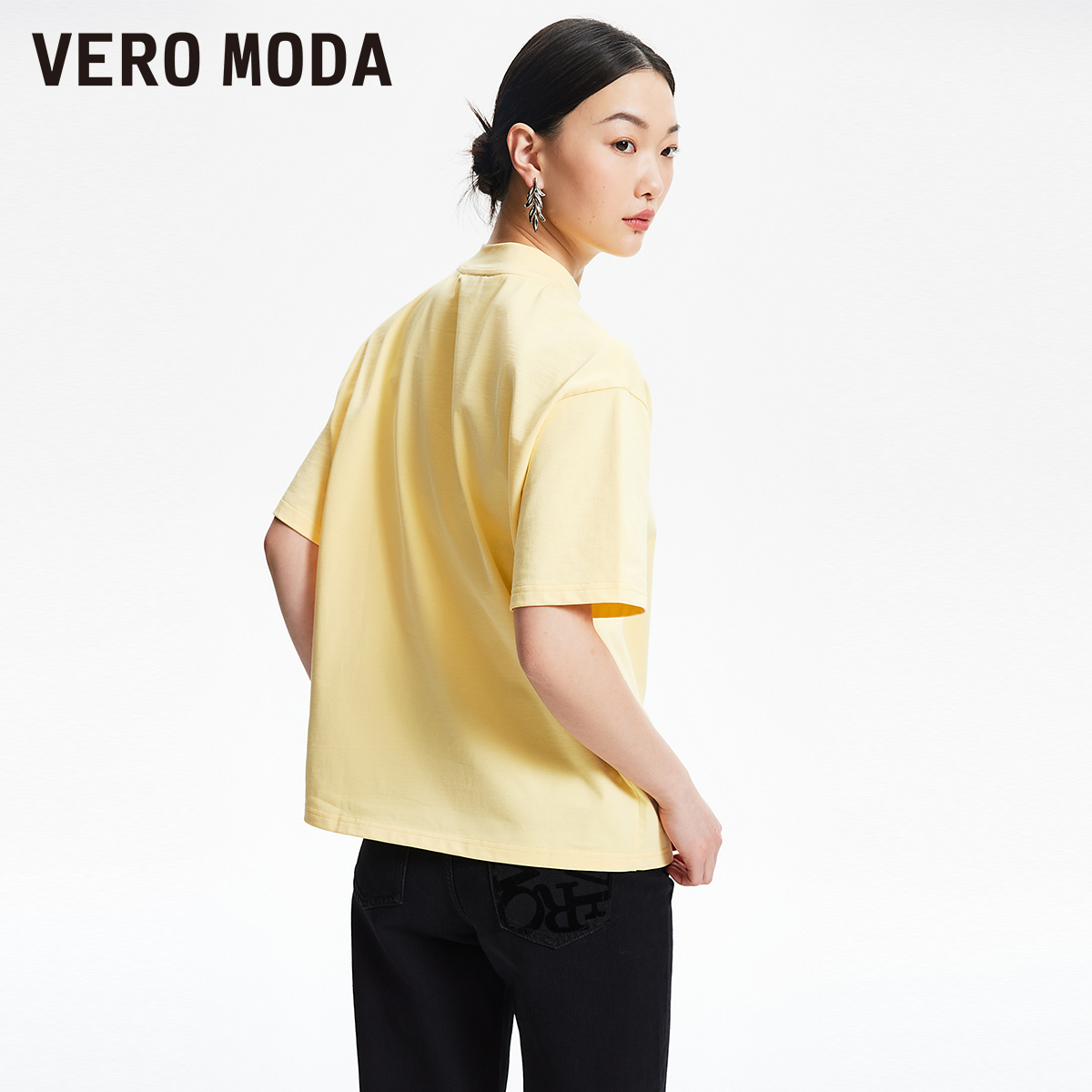 Vero ModaT恤女2024春夏新款半高领宽松落肩短袖简约纯色韩系通勤