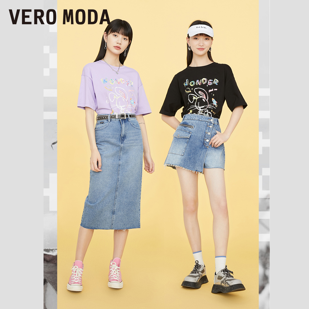 Vero Moda2022春夏新款纯棉彩色蜡笔手绘感小兔子T恤女|3222T1010