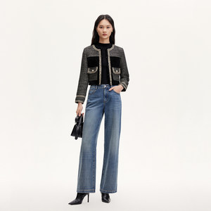 tq区绫致VeroModa皮衣女秋冬小香风绵羊毛花呢拼接九分袖