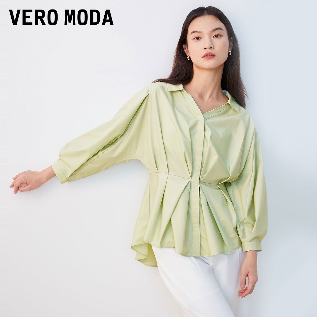 Vero Moda衬衫2023秋冬新款优雅通勤白色收腰七分袖上衣女