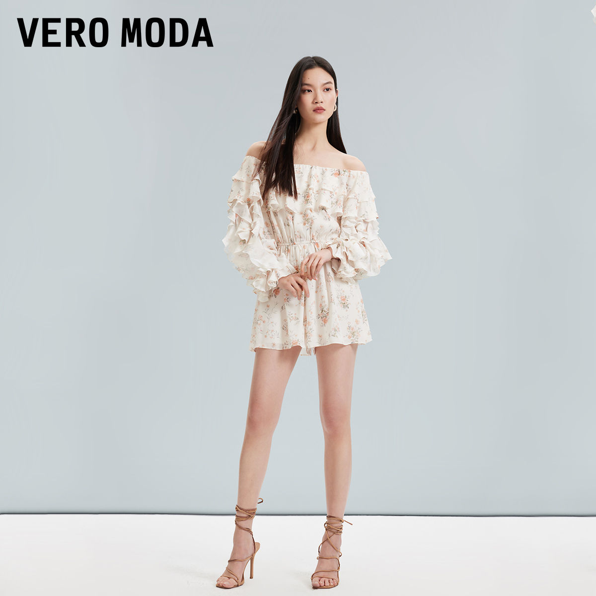 Vero Moda连体短裤休闲裤女2024春夏新款一字领碎花短裤松紧收腰-图0