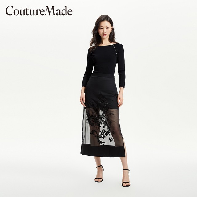 Tq district Lingzhi Vero Moda skirt 25 spring and summer straight mesh beading Chinese style Chinese style