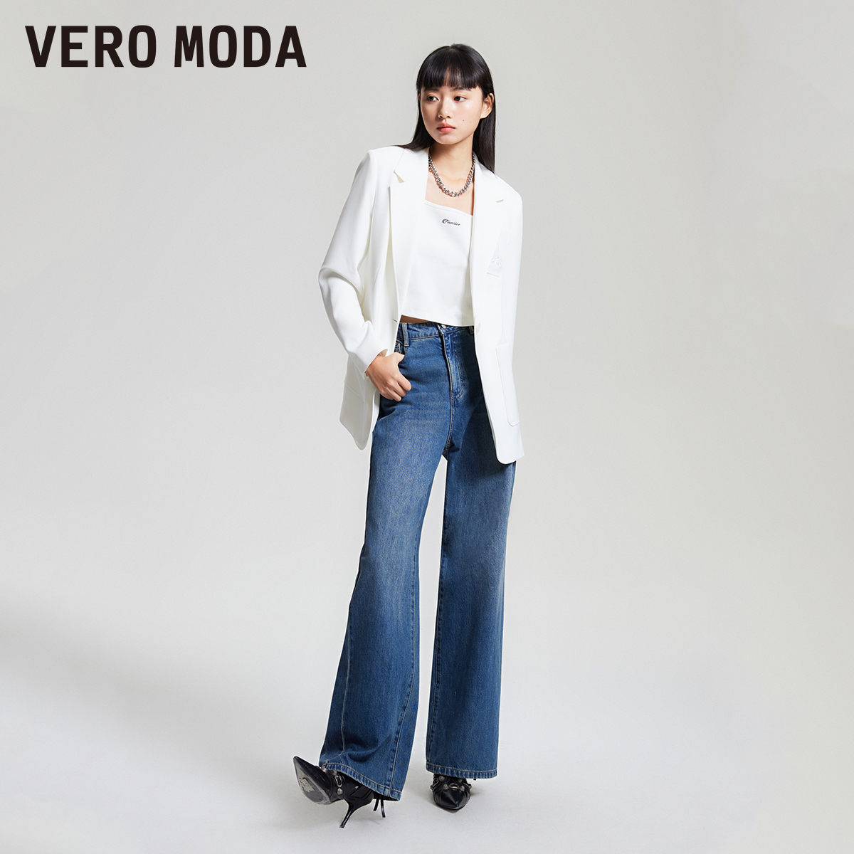 Vero Moda西装2024春夏新款休闲舒适九分袖简约白色外套女 - 图0