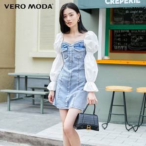 VeroModa2021新甜美牛仔七分袖法式连衣裙女