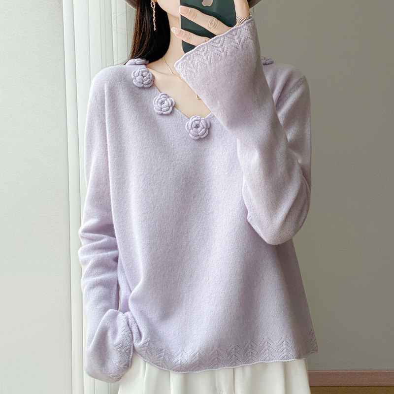 秋冬季立体花朵喇叭袖V领100纯羊毛衫女设计感时尚显白针织打底衫 - 图0
