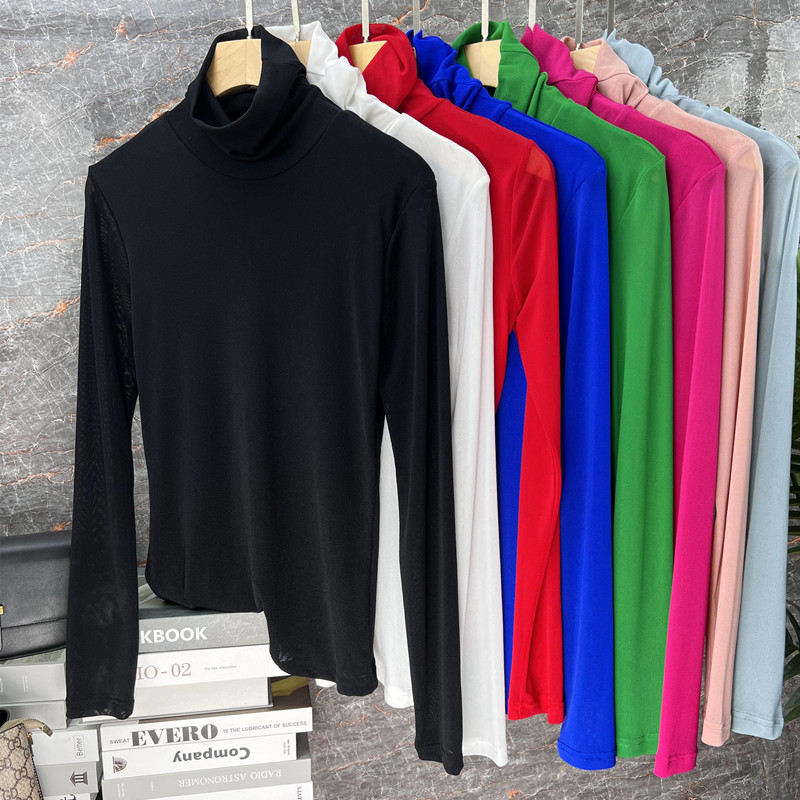 女士小众设计感高品质高领加绒网纱修身显瘦秋冬新款长袖t恤女装 - 图1