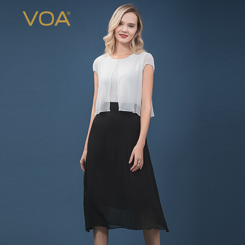 VOA双层真丝印花圆领短袖假两件修身减龄淑女透气桑蚕丝连衣裙
