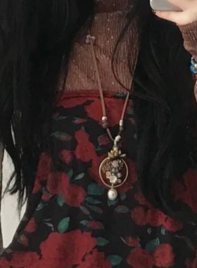 进口【花间】新中式繁花珍珠吊坠项链女复古民族风长款花朵毛衣