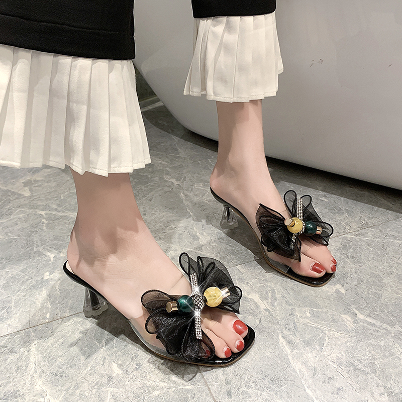 班尼瑞旗舰店蝴蝶结矮跟带钻凉拖女夏外穿韩版洋气优雅时装拖鞋蕾丝仙女鞋2
