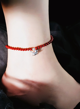 999纯银傲娇招财猫脚链女2025新款潮天然高含量朱砂小众足链礼物