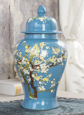 将军罐田园花鸟带盖花瓶粉色浪漫客厅样板房餐厅装饰花插花器摆件